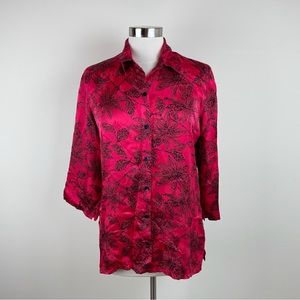 Vintage Chico's Red Black Floral 100% Silk Button Down Blouse Top Women Medium